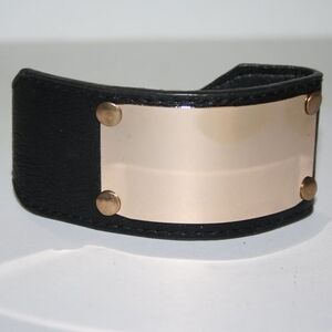 Black Leather Cuff Bracelet with Gold Plate
